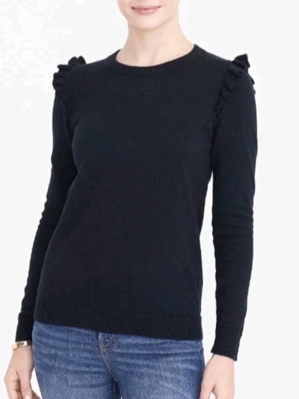 Ann Taylor Black Ruffle-Shoulder Crew Sweater Size Small